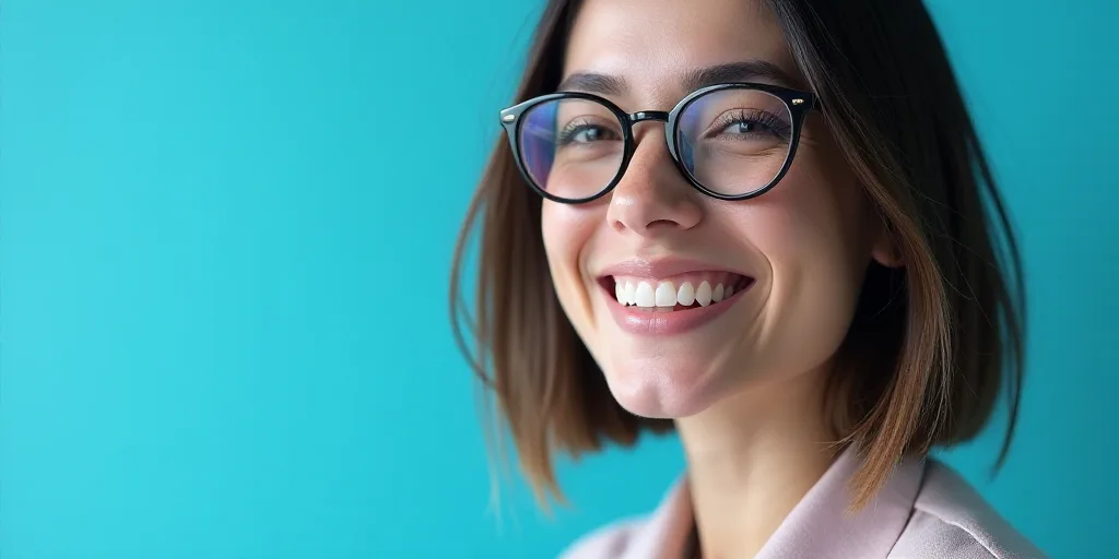 a woman in glasses is smiling for the camera with a blue background and a black and white photo of h