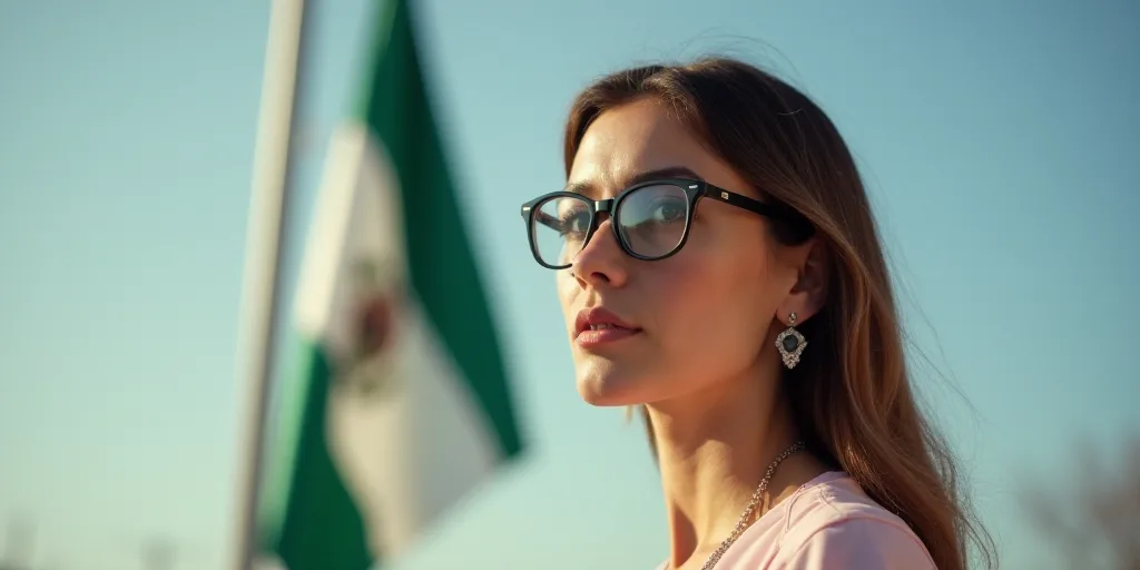 a woman in glasses standing in front of a flag and a flag pole with a seal on it and a green and whi
