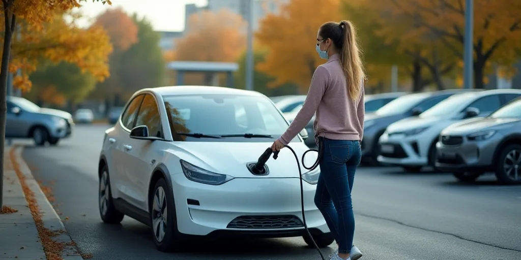 a woman is charging her electric car in a parking lot with a hose attached to the hood of the car, D