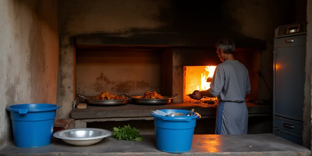 a woman is cooking in a brick oven in a kitchen with a blue bucket and a blue bucket on the counter,
