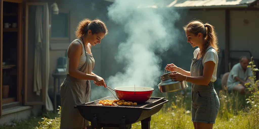 a woman is cooking something on a grill outside with a bucket of liquid in front of her and another