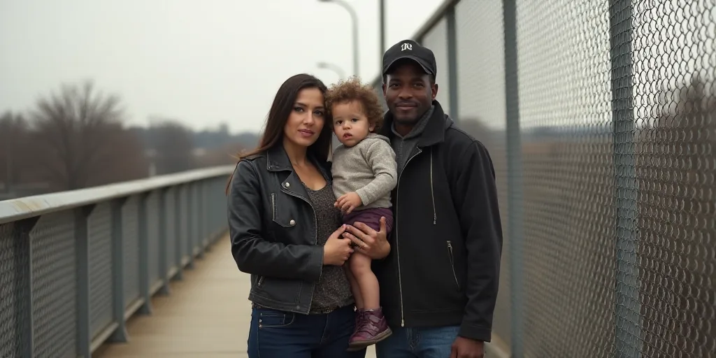 a woman is holding a child on a bridge with a chain link fence behind her and a man is holding a chi