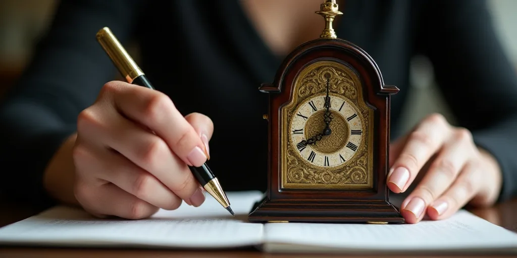 a woman is holding a clock in her hand and pointing at it with a pen and a notebook in front of her,