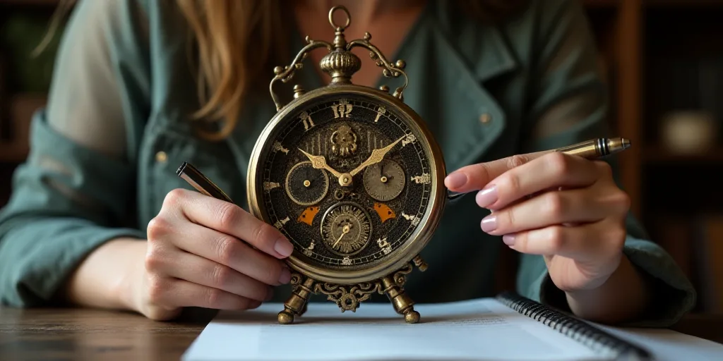a woman is holding a clock in her hand and pointing at it with a pen and a notebook in front of her,