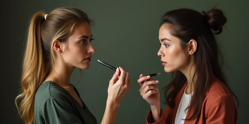 a woman is holding a pen and pointing it at the camera while another woman is holding a pen and poin