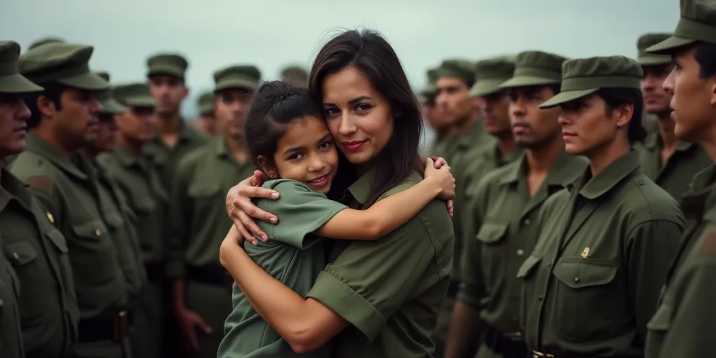 a woman is hugging a group of people in a crowd of people, all wearing military uniforms, and holdin