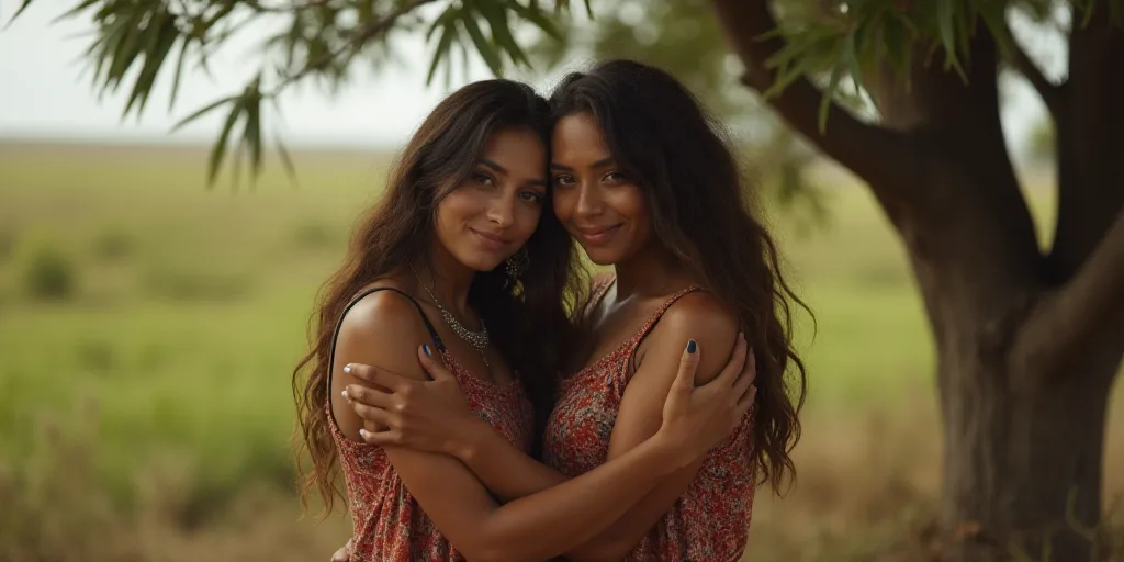 a woman is hugging another woman in a native setting with a tree in the background and a woman in a