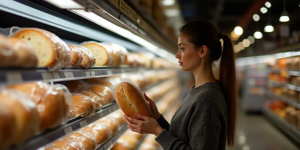 a woman is looking at a bag of bread in a grocery store aisle and is looking at the bag, Avgust Čer