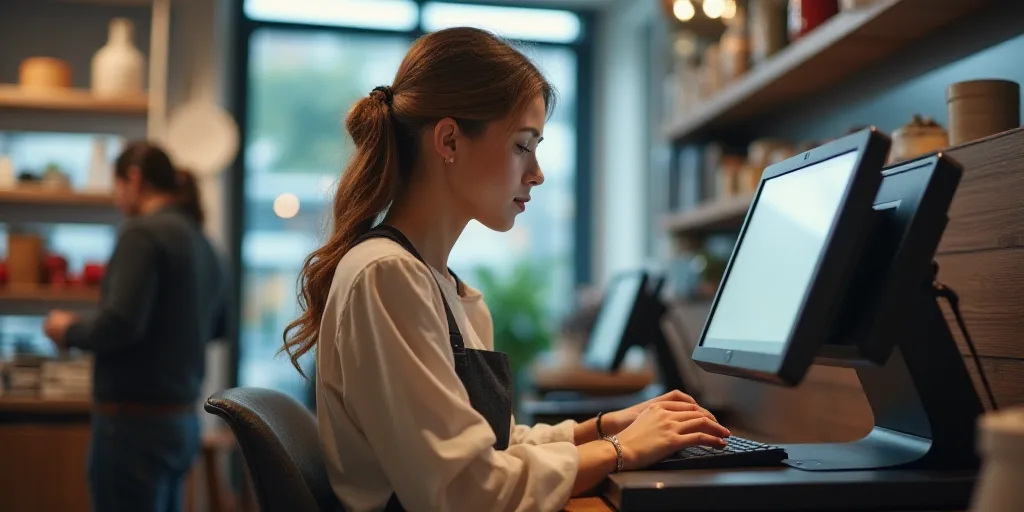 a woman is sitting at a cash register in a store and she is looking at the screen of the machine, An