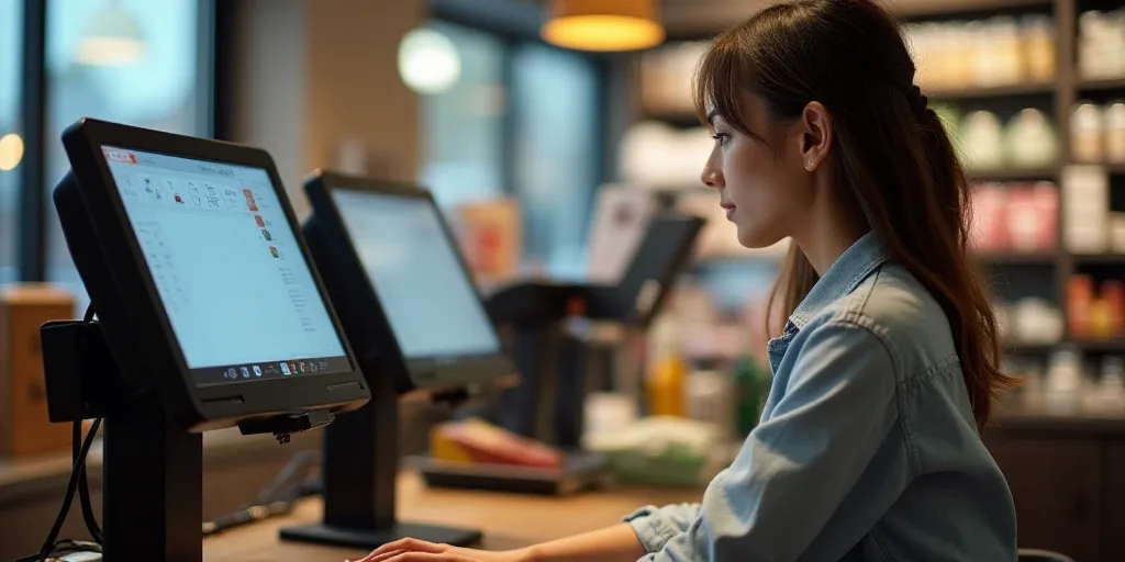 a woman is sitting at a cash register in a store and she is looking at the screen of the machine, An