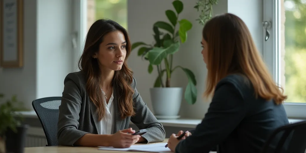 a woman is sitting at a desk with a phone in her hand and another woman is standing behind her, Cefe