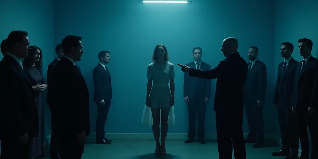 a woman is standing in a blue room with a group of people standing around her and a man in a suit is