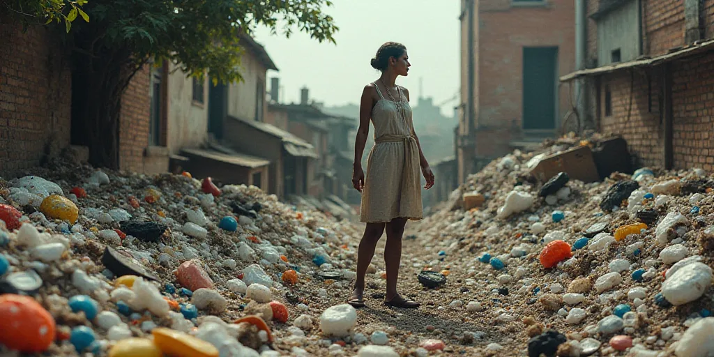 a woman is standing in a pile of garbage in a city area with a brick wall and a tree, Araceli Gilber