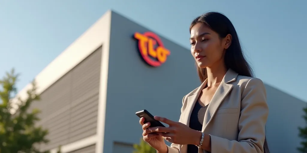 a woman is standing in front of a building with a cell phone in her hand and a building with a logo