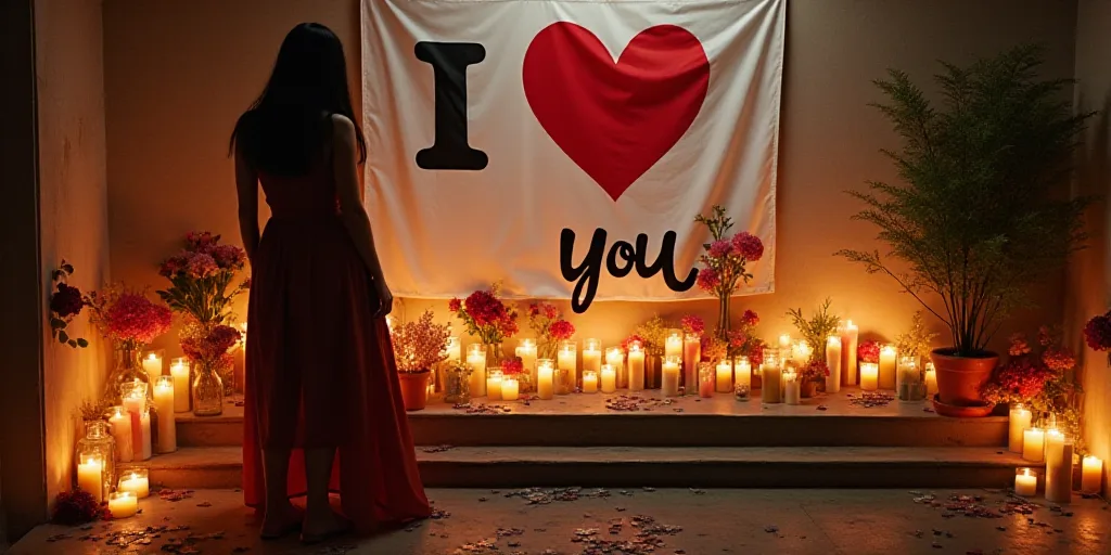 a woman is standing next to a wall of candles and flowers and a flag that reads, i love you, miguel,