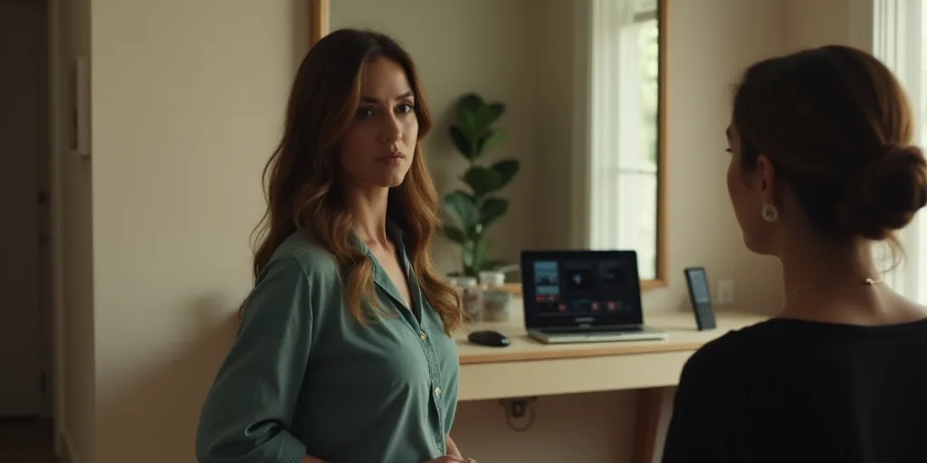 a woman is talking to another woman in a room with a mirror and a desk with a laptop on it, Araceli