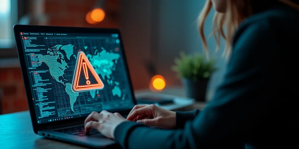 a woman is typing on a laptop with a warning sign on the screen and a table in the background, Dahlo