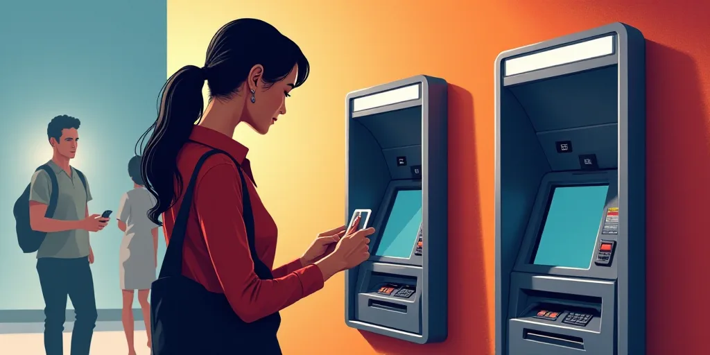 a woman is using a atm machine to pay for her purchases or cashing her purchases or credit cards, Da