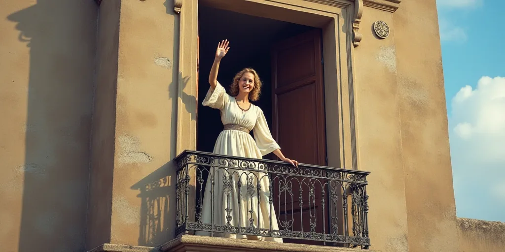 a woman is waving from a balcony balcony with a large picture of herself on the balcony of a buildin