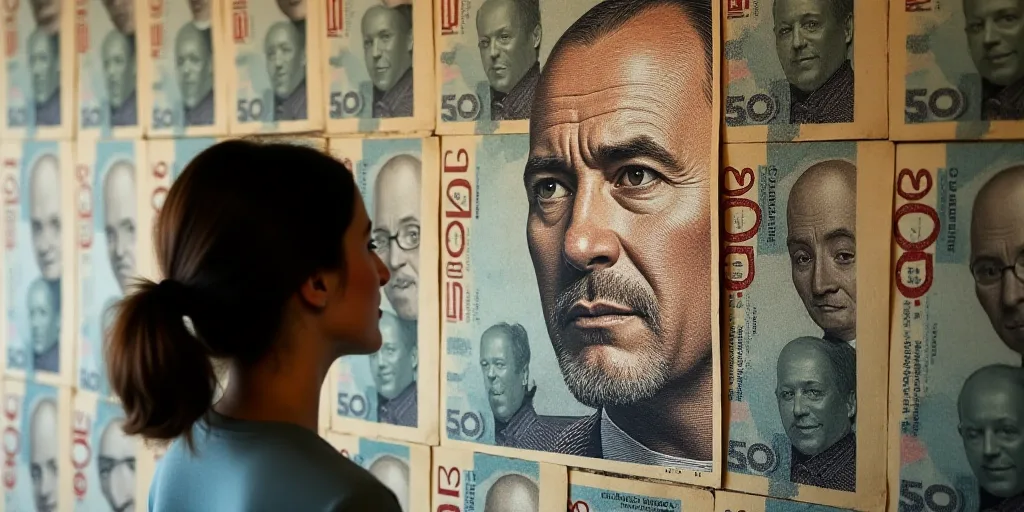 a woman looking at a wall of 50 cents bills with a portrait of a man on it in front of a woman's hea