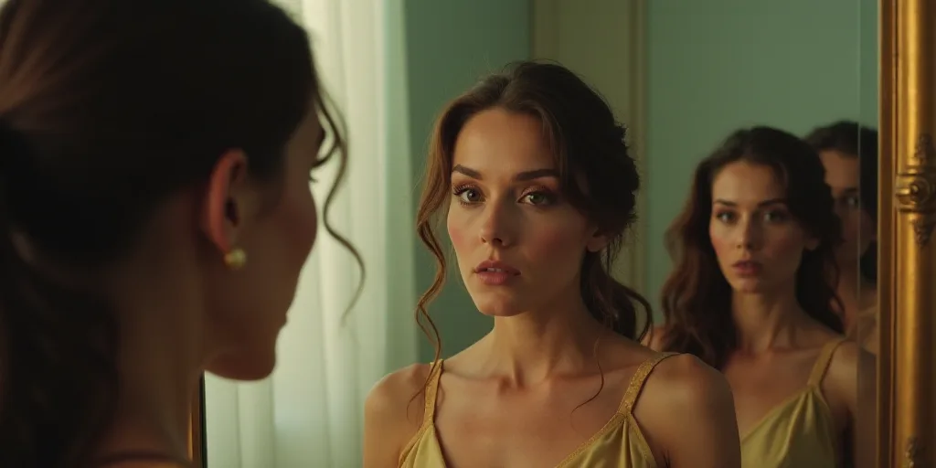 a woman looking at herself in a mirror with other women in the background looking at her in the mirr
