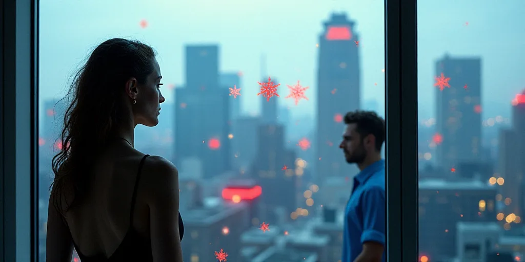 a woman looking out a window at a city skyline with red and blue snowflakes on it and a man in a blu
