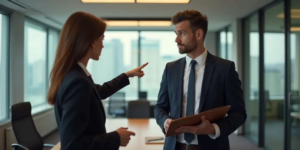 a woman pointing at a man in a suit in an office with a binder on his chest and a folder in his hand