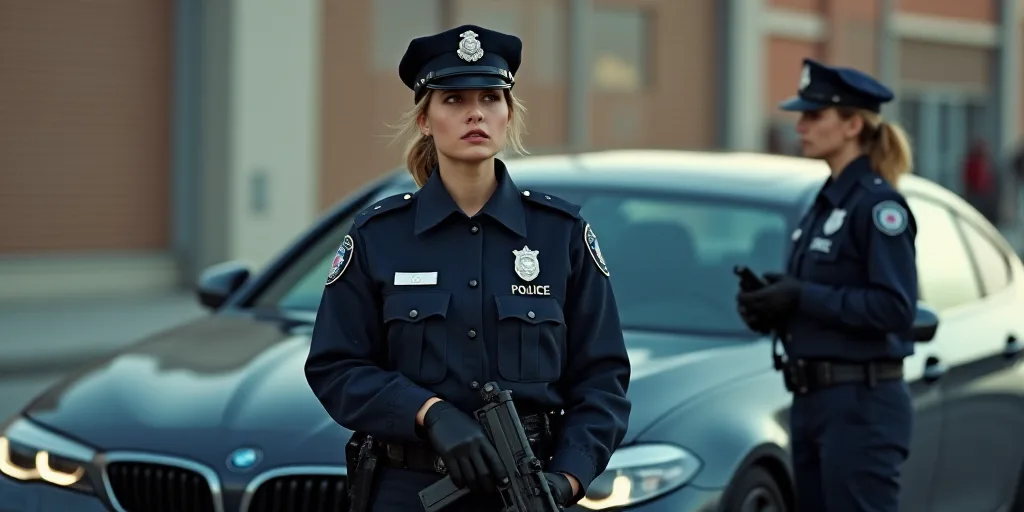 a woman police officer standing next to a car with a gun in her hand and another woman in uniform be