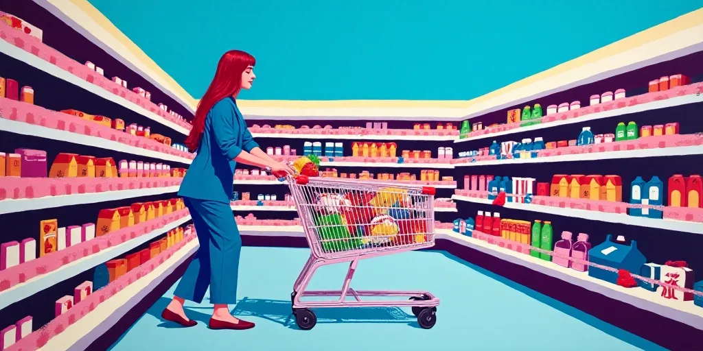 a woman pushing a shopping cart through a grocery store aisle with a grocery cart full of food and d
