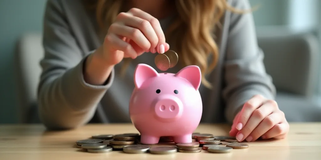 a woman putting a coin into a pink piggy bank on a table with a pile of coins in front of her, Évar