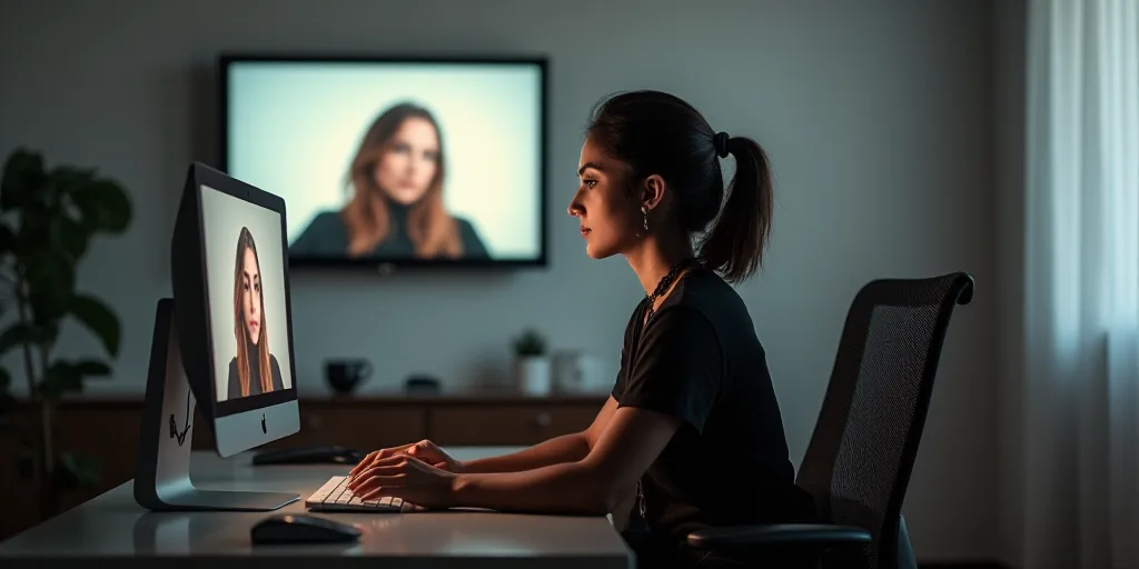 a woman sitting at a desk in a room with a television on the wall and a desk with a monitor, Araceli