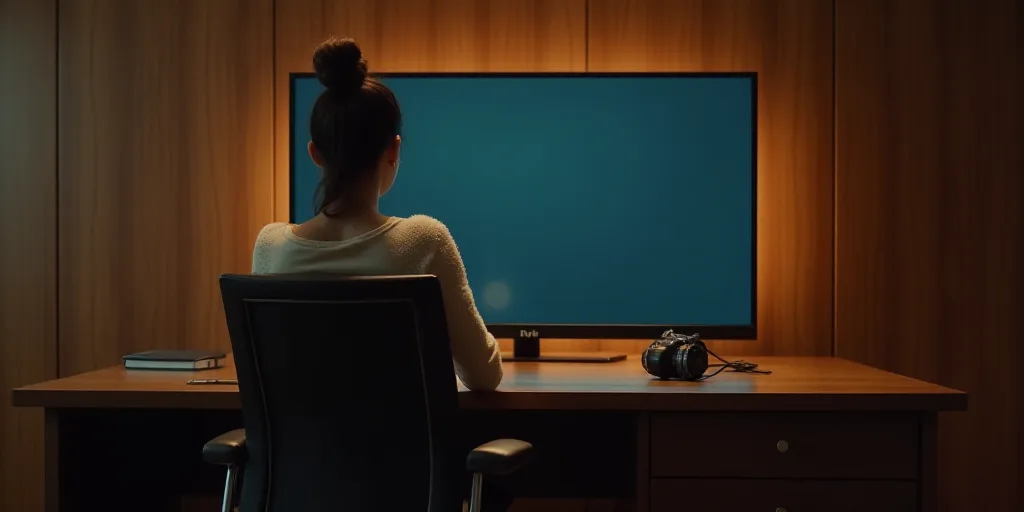 a woman sitting at a desk in front of a tv screen in a room with a wooden desk and a wooden wall, Fe