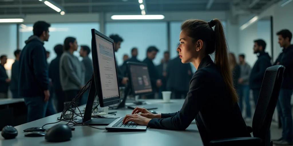 a woman sitting at a desk with a computer in front of her and a lot of people standing around, Engue