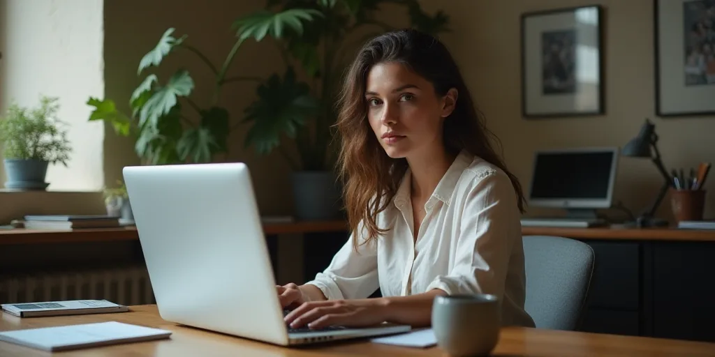 a woman sitting at a desk with a laptop computer in front of her and looking up at the camera, Eva G
