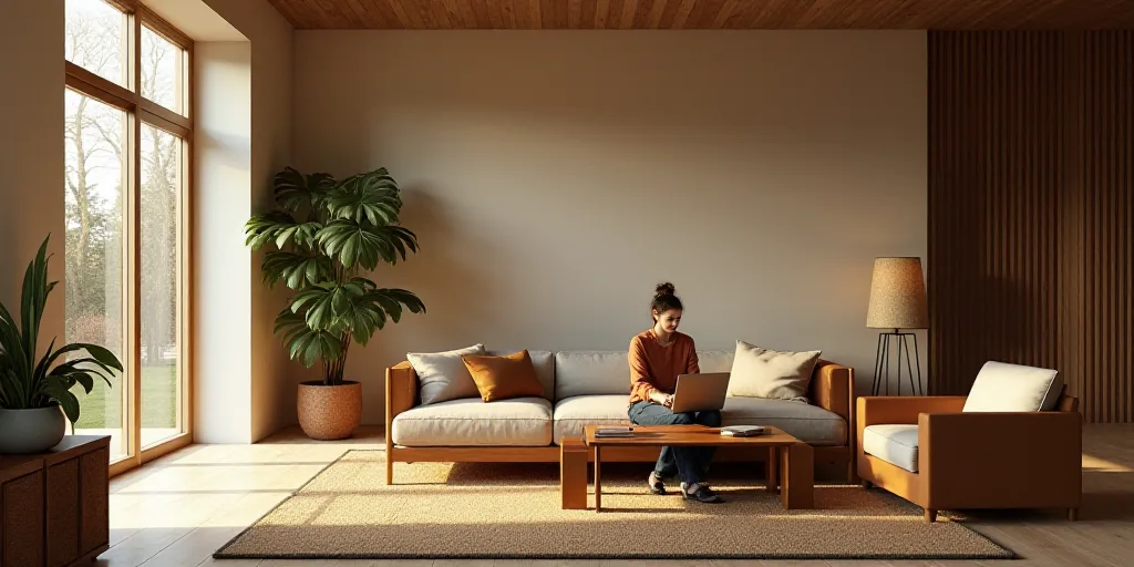 a woman sitting at a table in a room with a couch and chairs and a table with a laptop, Enguerrand Q