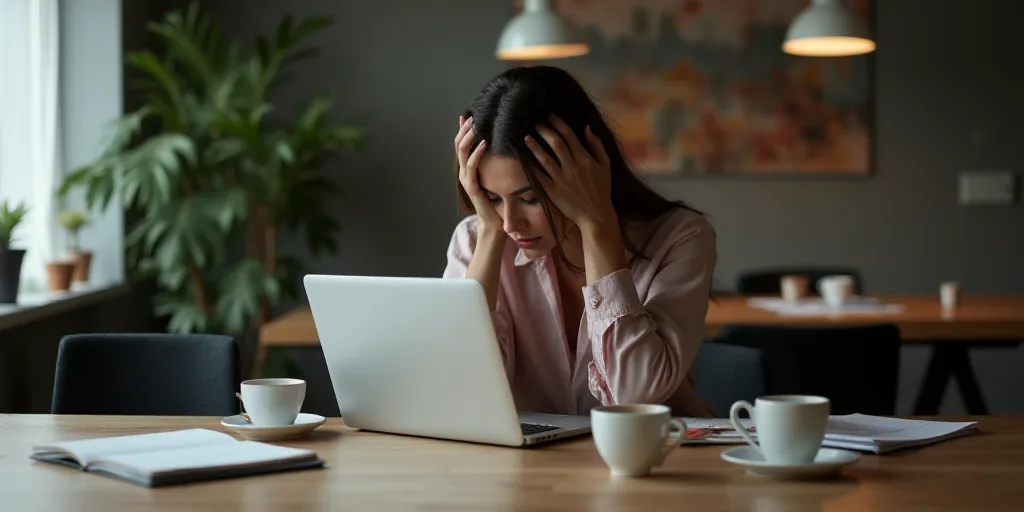 a woman sitting at a table with her head in her hands and a laptop on her desk with coffee cups, Év