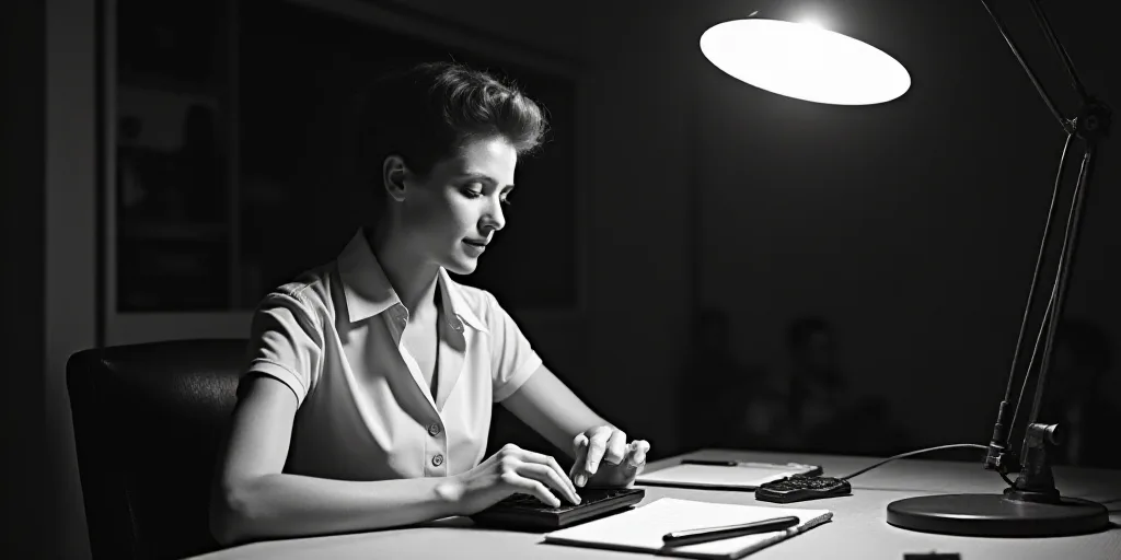 a woman sitting at a table with a calculator and a notebook in front of her, and a calculator in fro