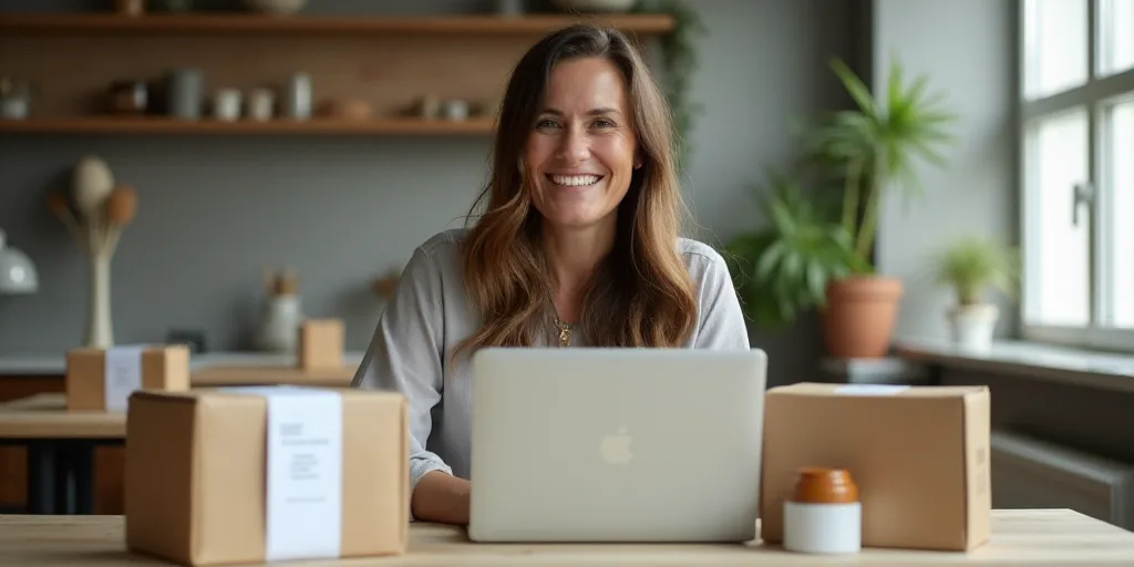 a woman sitting at a table with a laptop in front of her and boxes around her on the table, Claire F