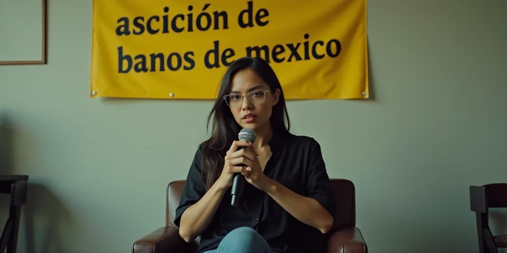 a woman sitting in a chair holding a microphone in front of a wall with a sign behind her that says