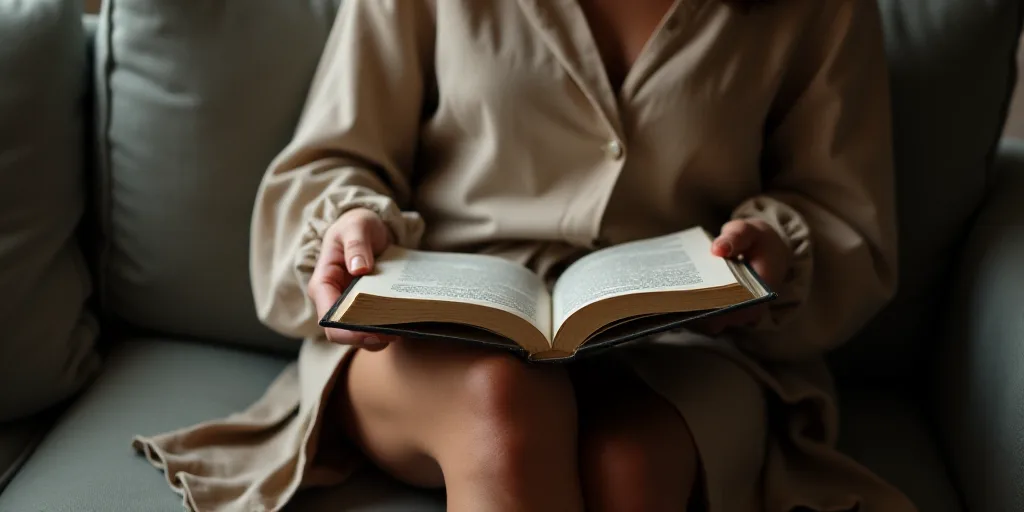 a woman sitting on a couch reading a book with her legs crossed and her hand on the book's cover, Br
