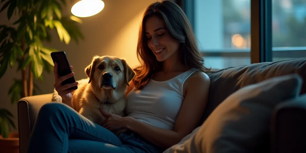 a woman sitting on a couch with a dog and a cell phone in her hand and a potted plant in the backgro