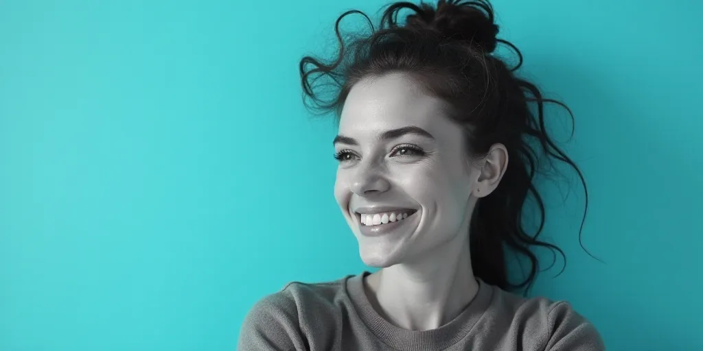 a woman smiling with a blue background and a black and white photo of her and the caption of the cap