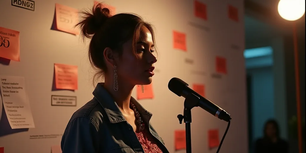 a woman speaking into a microphone in front of a wall with ratingss on it and a microphone in front