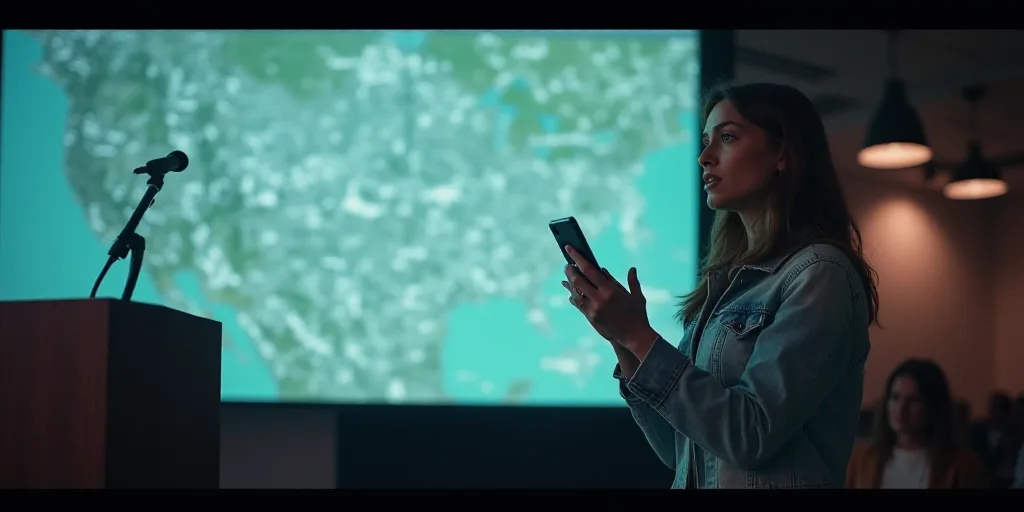 a woman standing at a podium holding a cell phone in front of a screen with a map on it, Ada Gladys