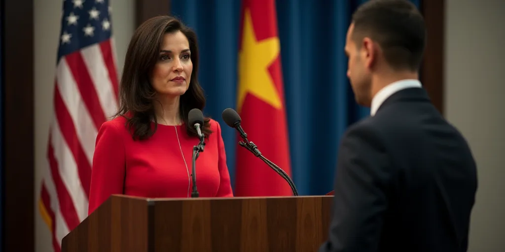 a woman standing at a podium in front of two flags and a microphone in front of her is a man in a su