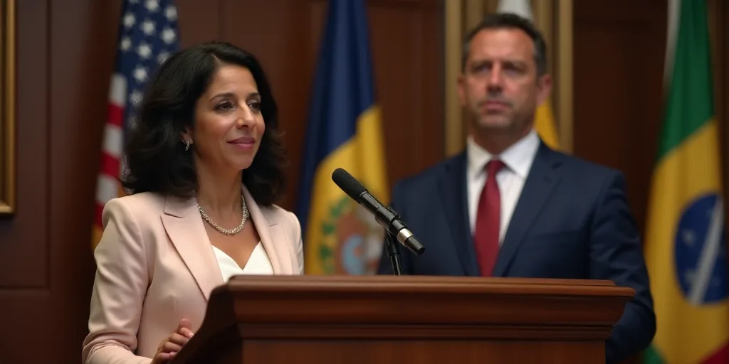 a woman standing at a podium in front of two flags and a microphone in front of her is a man in a su