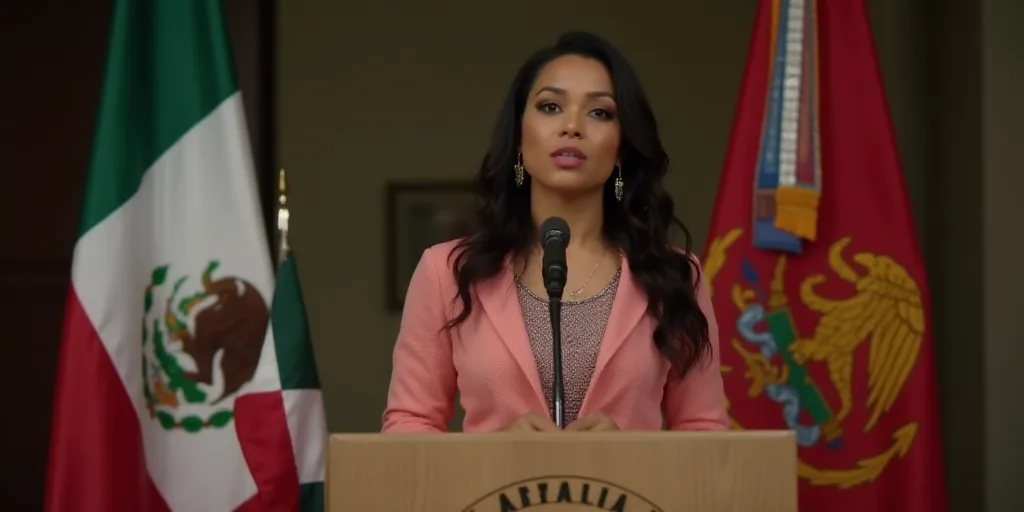 a woman standing at a podium in front of two flags and a microphone in front of her is a microphone
