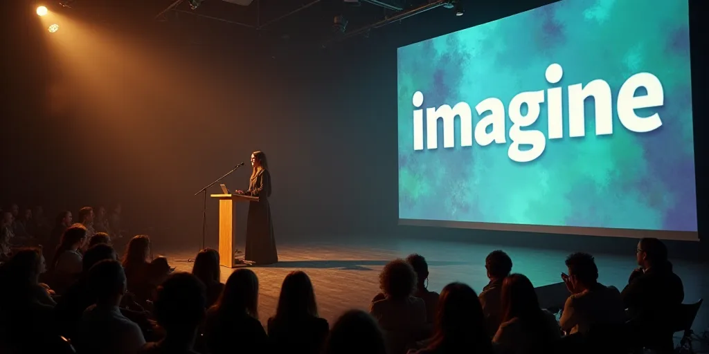 a woman standing at a podium in front of a large screen with the word imagine on it and a microphone