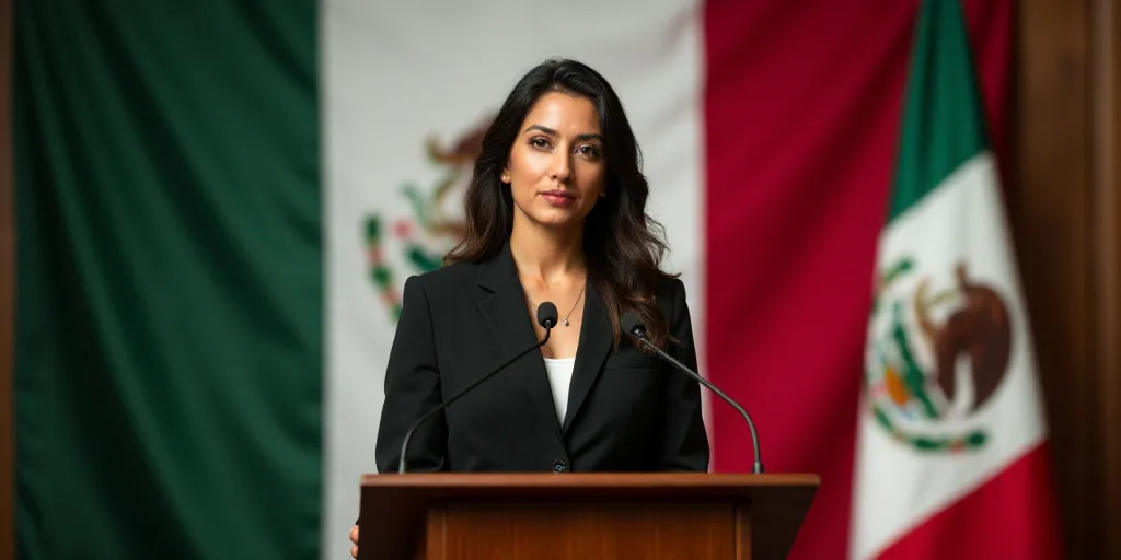 a woman standing at a podium in front of flags of mexico and mexico on a wall behind her is a mexica