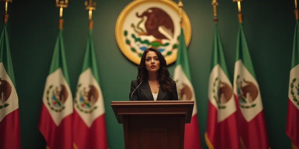 a woman standing at a podium in front of flags and a painting of a mexican eagle on the wall, Aracel